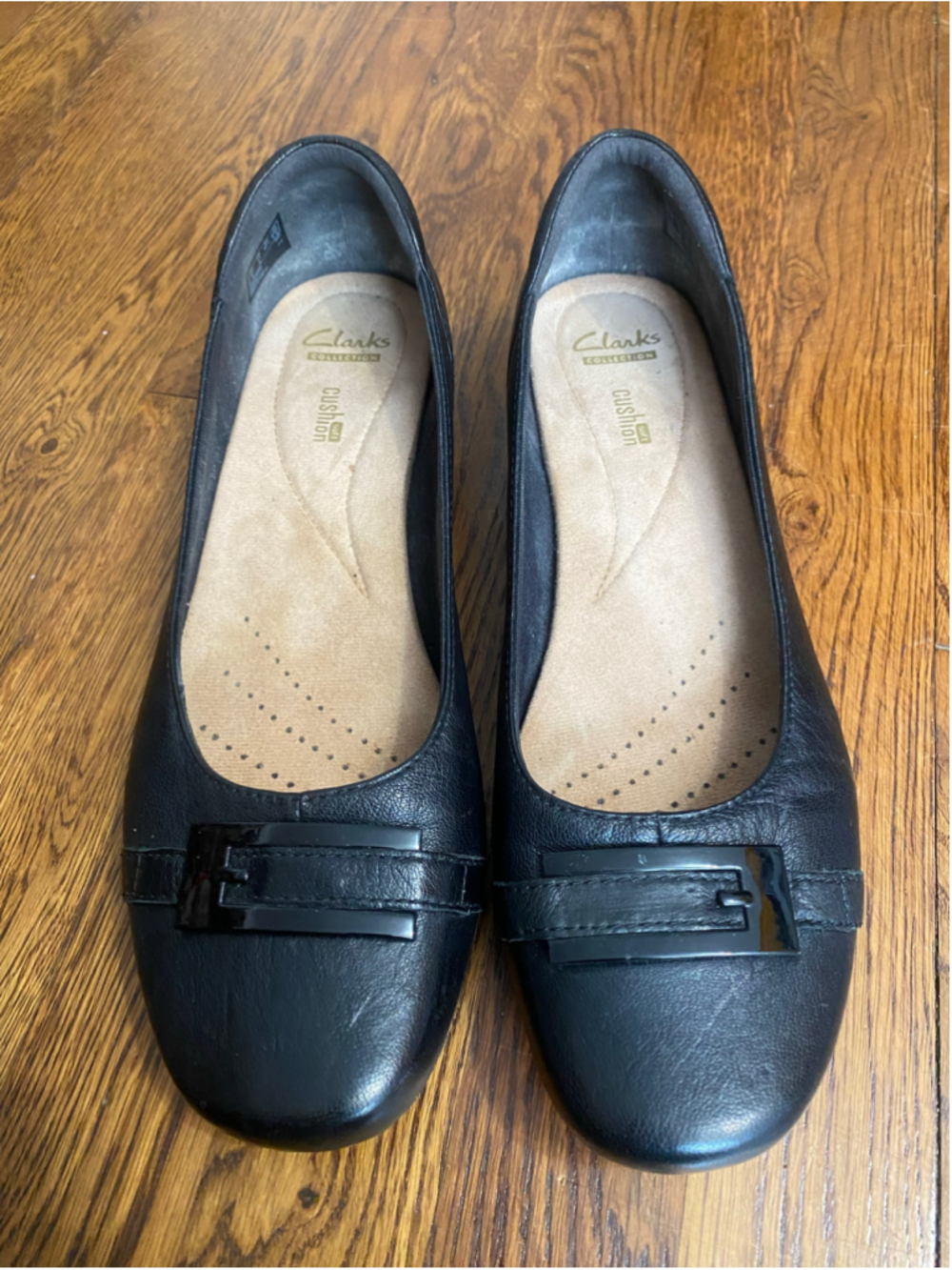 Clarks Collection Black Leather Ballet Flats Cushion Soft Buckle Classic 11 M